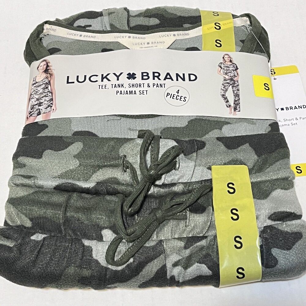 Lucky Brand Women Pajama Set 4 Pieces Tee Tank Short Pant Green Camo Small NIP